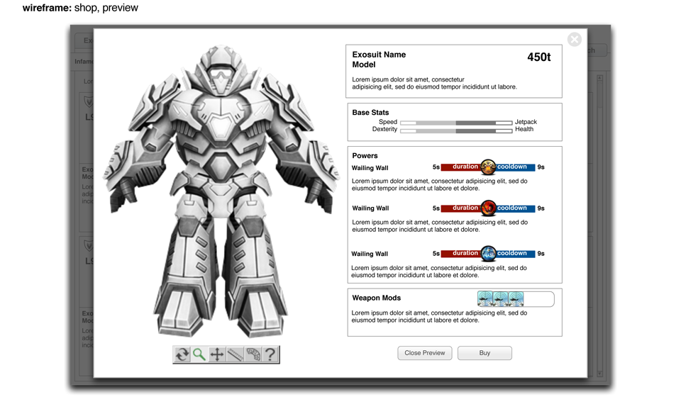 Suit preview — stats comparison before purchase
