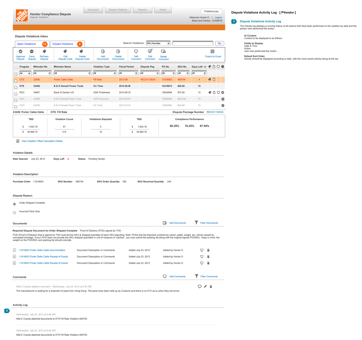 Activity log — timestamped record of all dispute actions and status changes